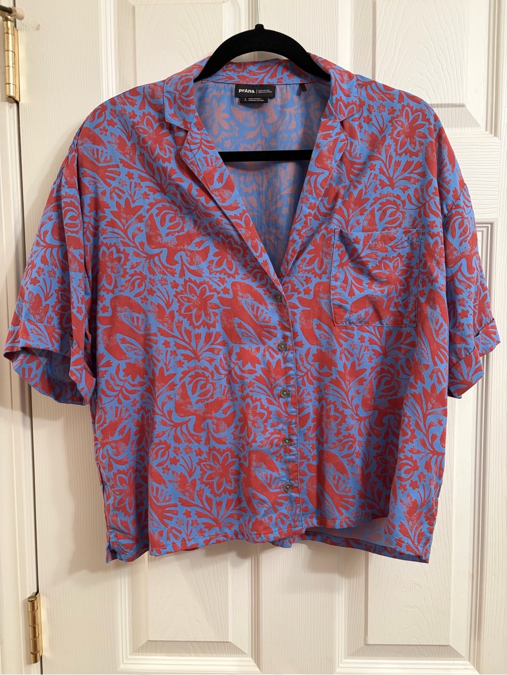 Prana Floral Short-Sleeve Button-Down in Blue & Red